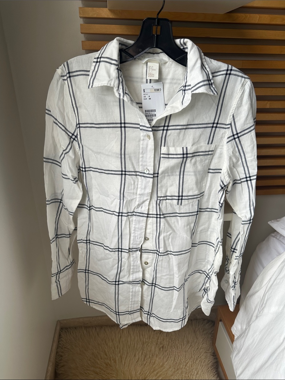 H&M White Button-Down Shirt with Black Windowpane Plaid